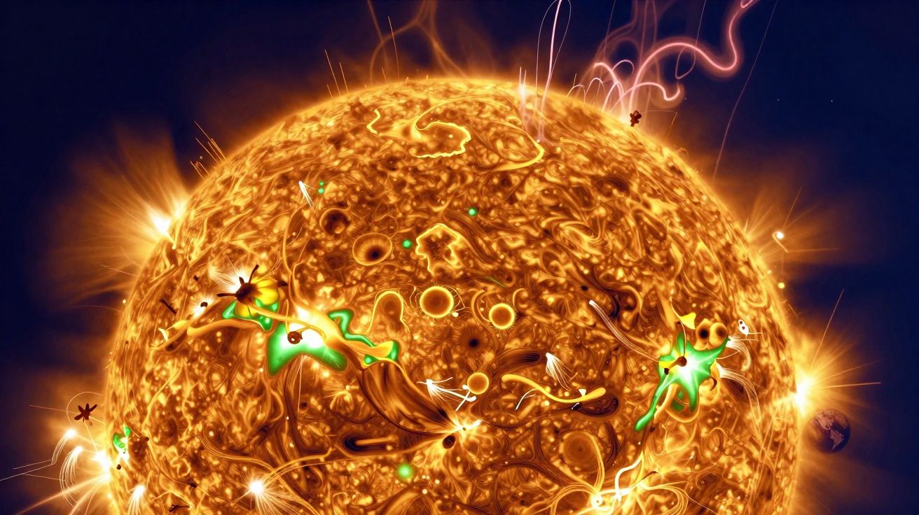 Illustration scientifique du soleil avec des éruptions solaires et des particules énergétiques colorées.