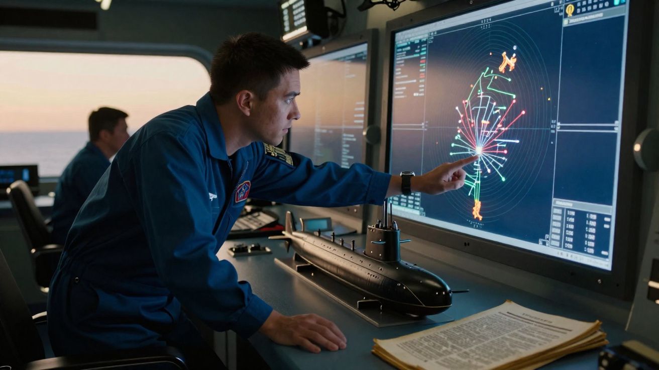 Homme en uniforme militaire au poste de commandement, analysant un écran radar avec modèle de sous-marin sur le bureau.