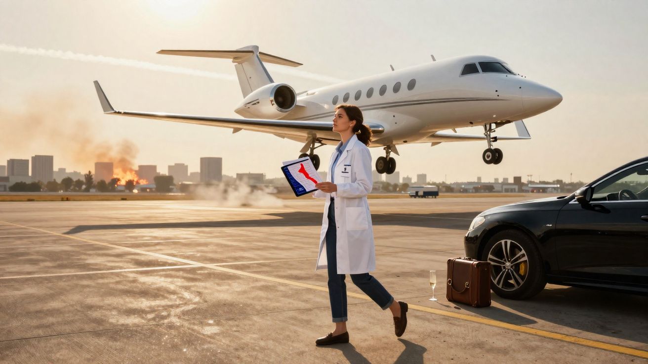 Femme en blouse blanche marche près d’un jet privé atterrissant avec un document, valise et voiture noire à côté.