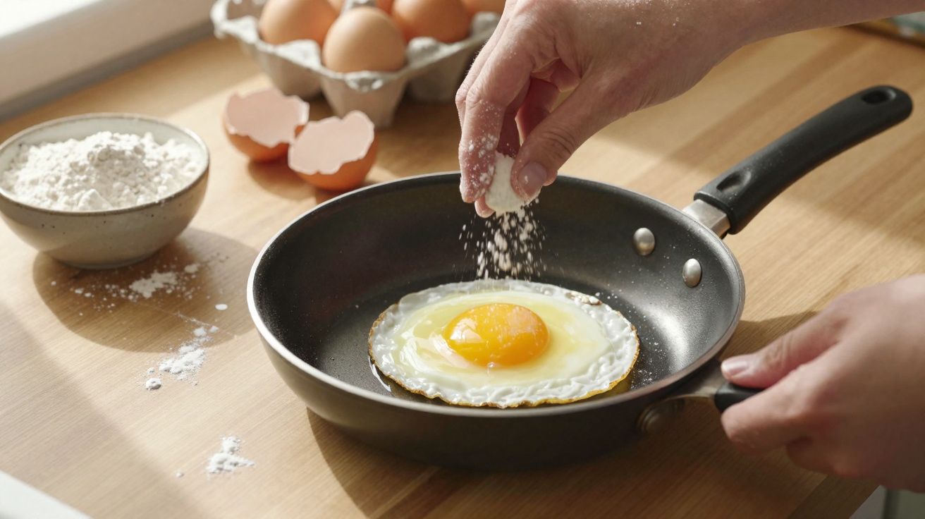 Main saupoudrant du sel sur un œuf au plat dans une poêle, avec des œufs et de la farine en arrière-plan.