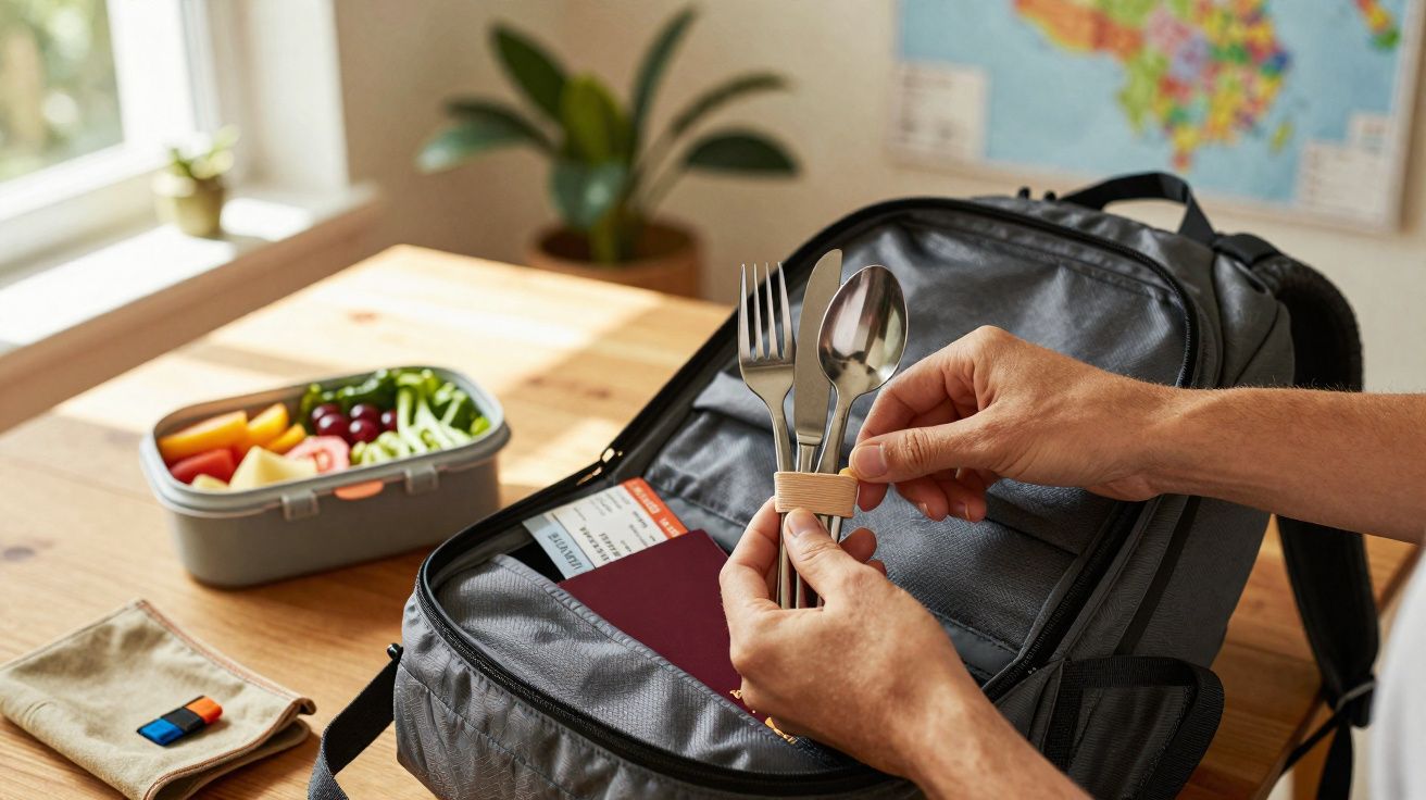 Personne range des couverts réutilisables près d'un sac à dos contenant passeport et billet, boîte de lunch en arrière-plan.