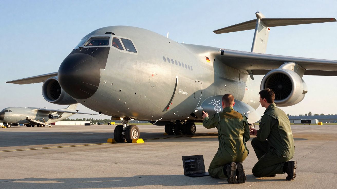Deux militaires en tenue surveillent un avion militaire gris stationné sur une piste d’aéroport.