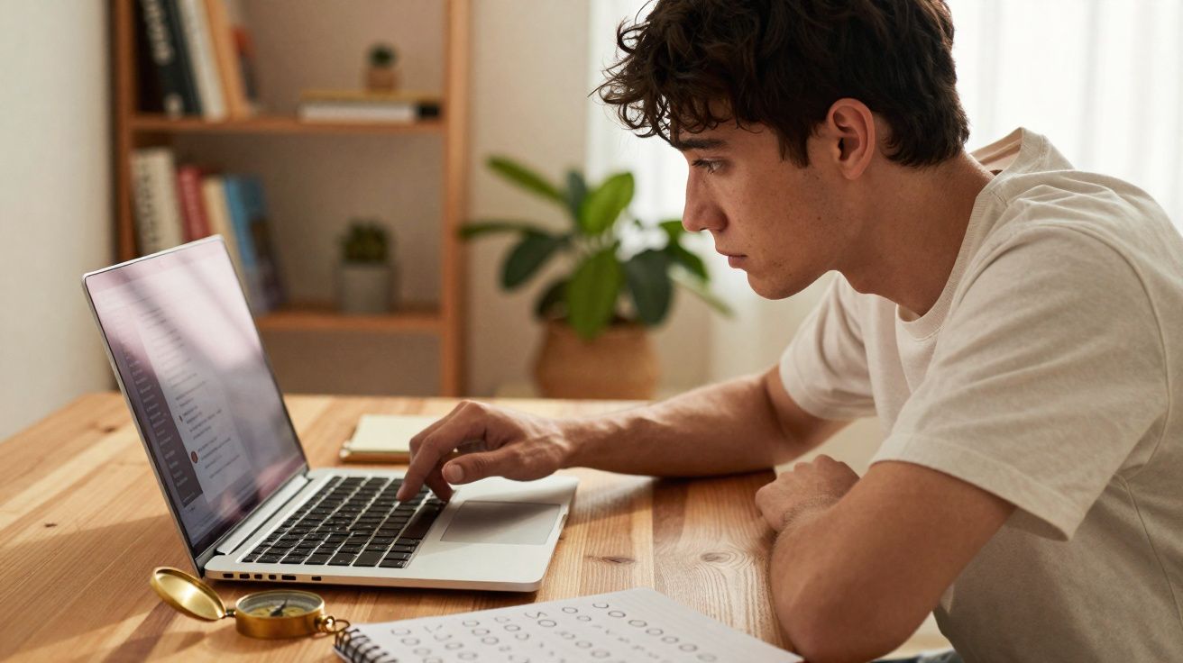 Jeune homme concentré travaillant sur un ordinateur portable à une table en bois avec un carnet et une boussole.