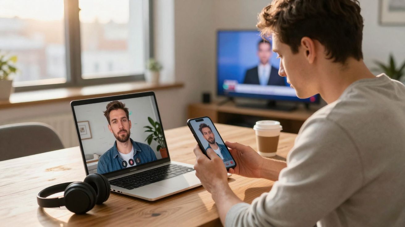 Homme en visioconférence sur ordinateur et smartphone, avec casque audio et tasse de café sur la table en bois.