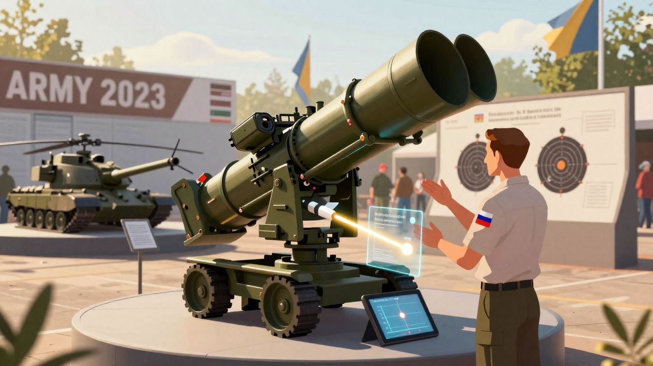 Homme observant une arme lourde moderne exposée à un salon militaire avec des chars et des cibles en arrière-plan.