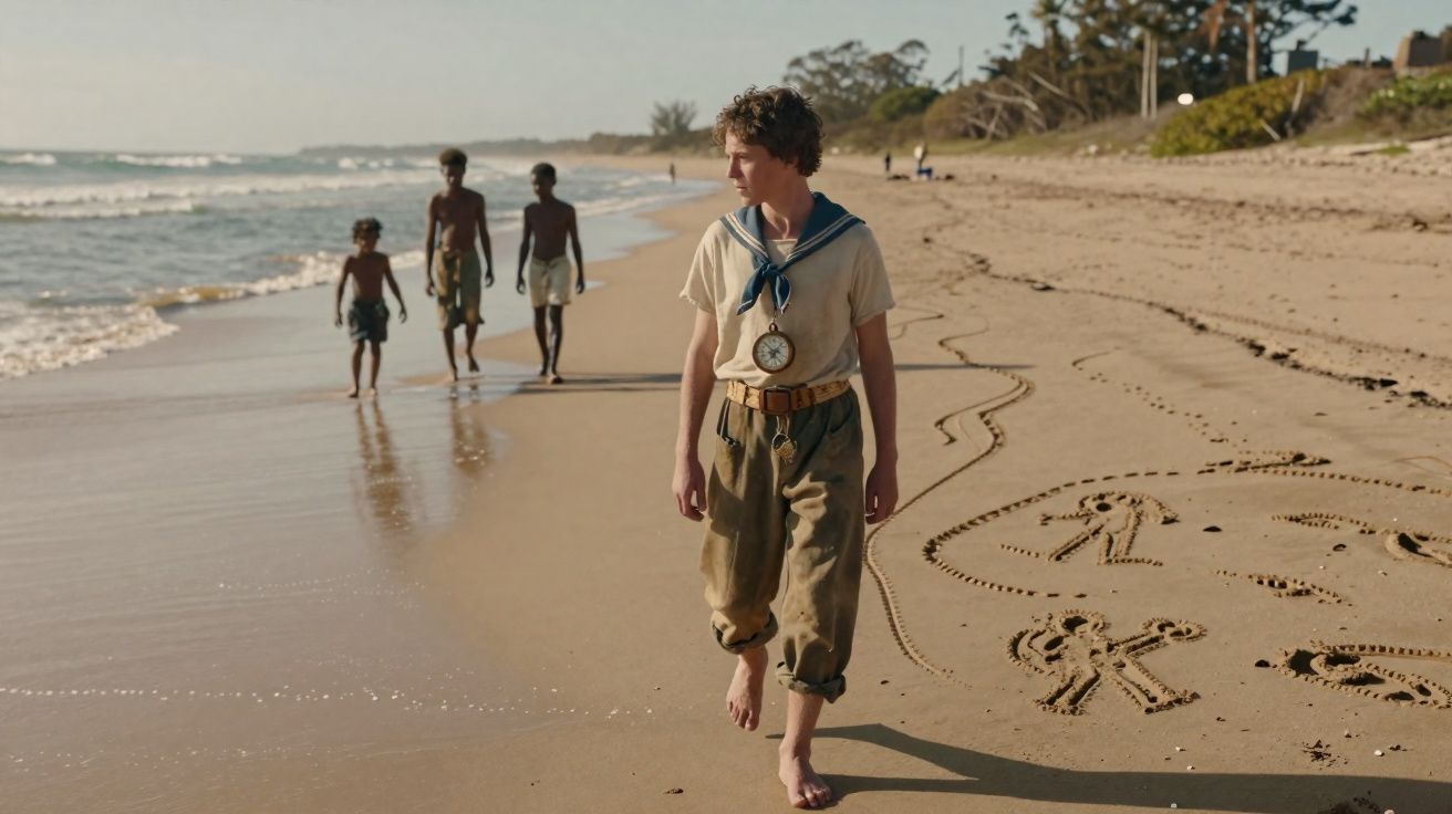 Un garçon habillé en marin marche pieds nus sur une plage avec trois enfants en arrière-plan et des dessins dans le sable.