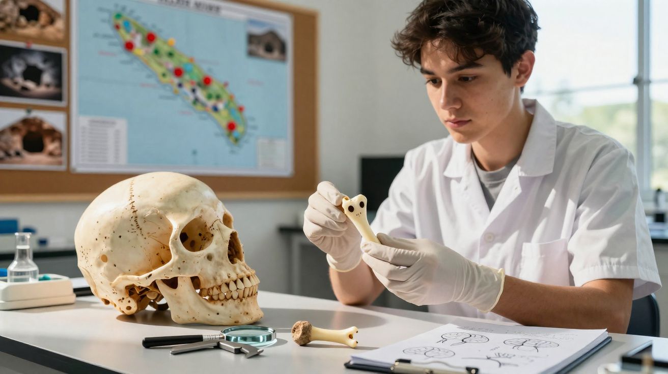 Étudiant en blouse blanche examinant un os humain avec un crâne et matériel d’étude sur une table de laboratoire.