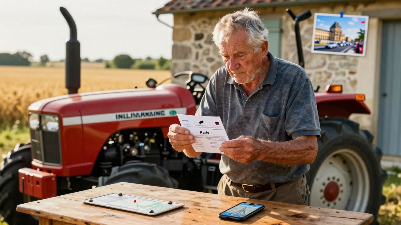 Homme âgé debout près d’un tracteur rouge, lisant une carte postale avec une carte et un téléphone sur la table en bois.