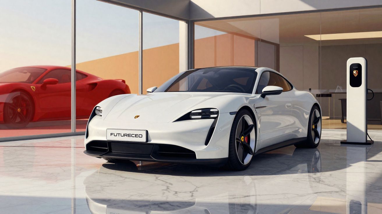 Voiture de sport électrique Porsche blanche stationnée près d'une borne de recharge dans un showroom moderne.
