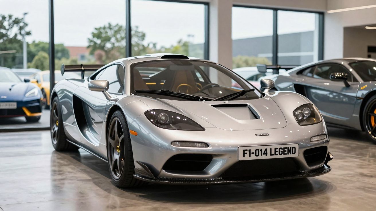 Voiture de sport grise immatriculée F1-014 LEGEND exposée dans un showroom moderne avec d'autres supercars.