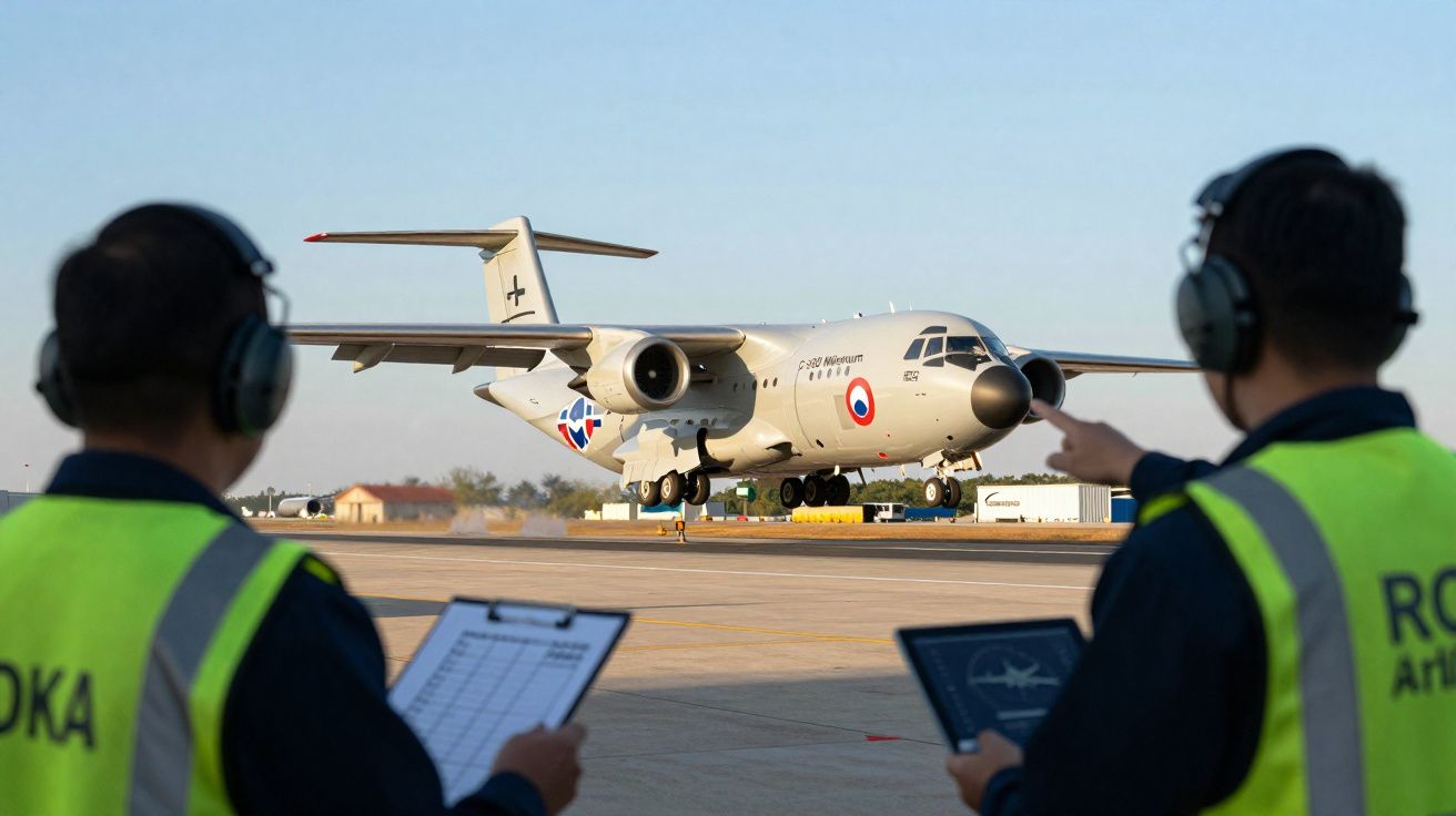 Avion militaire français en phase d’atterrissage surveillé par deux techniciens au sol avec casque et gilets jaunes.
