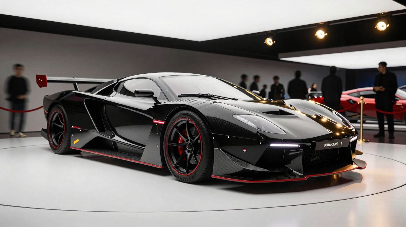 Voiture de sport noire brillante exposée dans une galerie moderne, entourée de visiteurs flous.