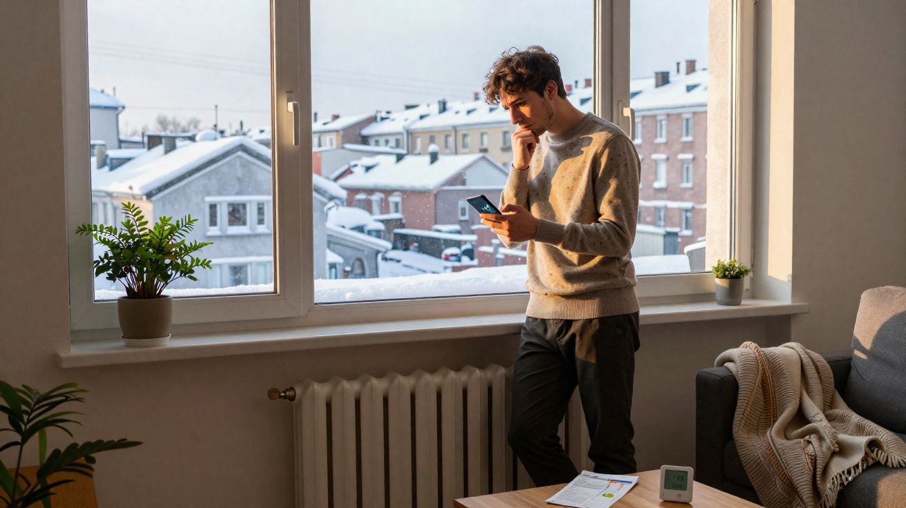 Homme pensif regardant son téléphone près d'une fenêtre, intérieur chaleureux avec vue sur maisons enneigées.
