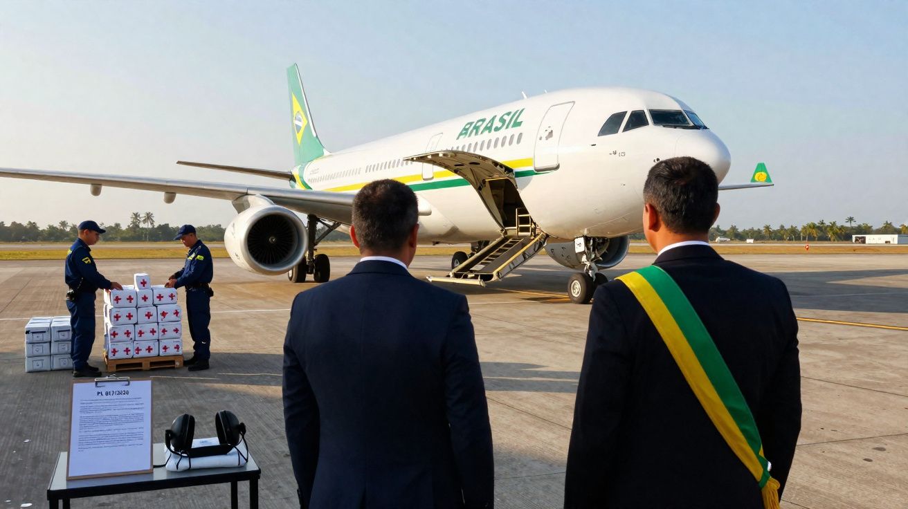 Deux hommes en costume observent un avion brésilien à l'aéroport avec des militaires déchargeant des colis.