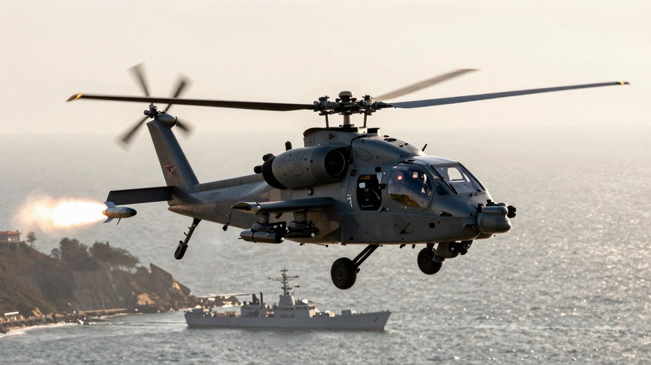 Hélicoptère de combat gris armé en vol près d’un navire de guerre en mer au coucher du soleil.