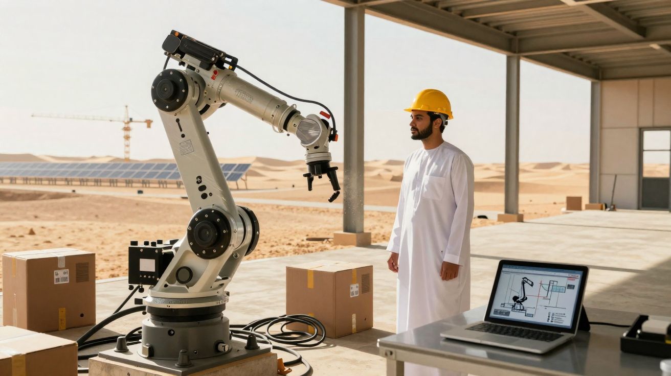 Homme en tenue traditionnelle et casque jaune observant un bras robotique dans un hangar désertique avec panneaux solaires.