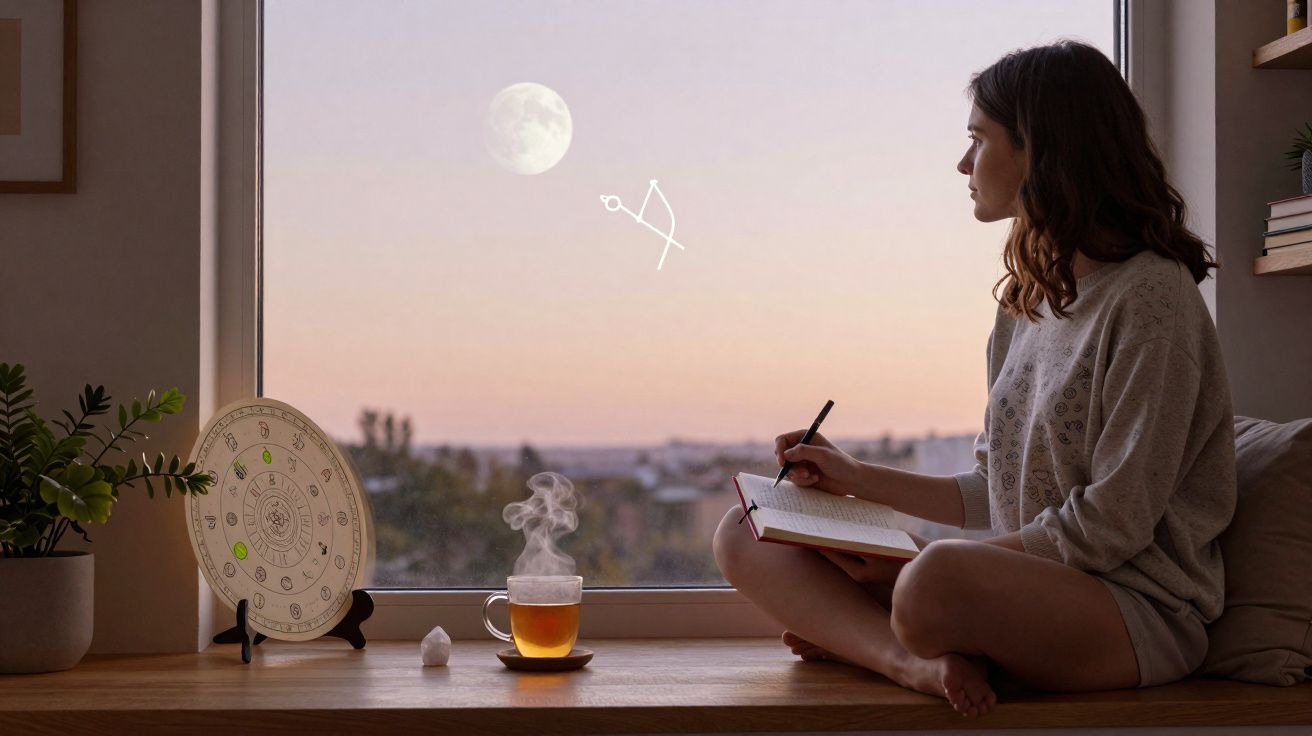 Femme assise au rebord de fenêtre, écrivant dans un carnet, avec une tasse de thé et un symbole astrologique au crépuscule.