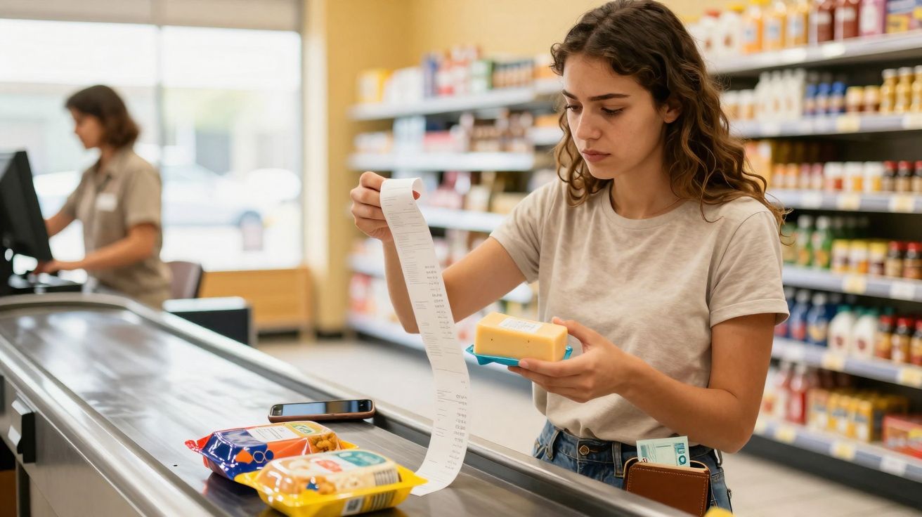 Jeune femme vérifiant son ticket de caisse en tenant un morceau de fromage en caisse de supermarché.