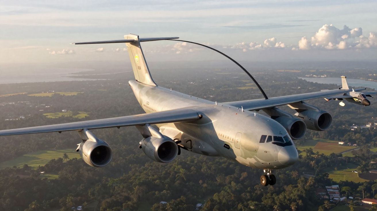 Avion militaire en vol avec réservoirs de ravitaillement aérien visible au-dessus des forêts et villages.