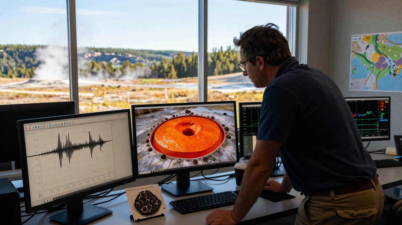 Homme analysant des données sismiques et une image de volcan sur plusieurs écrans dans un bureau avec vue sur un paysage natu