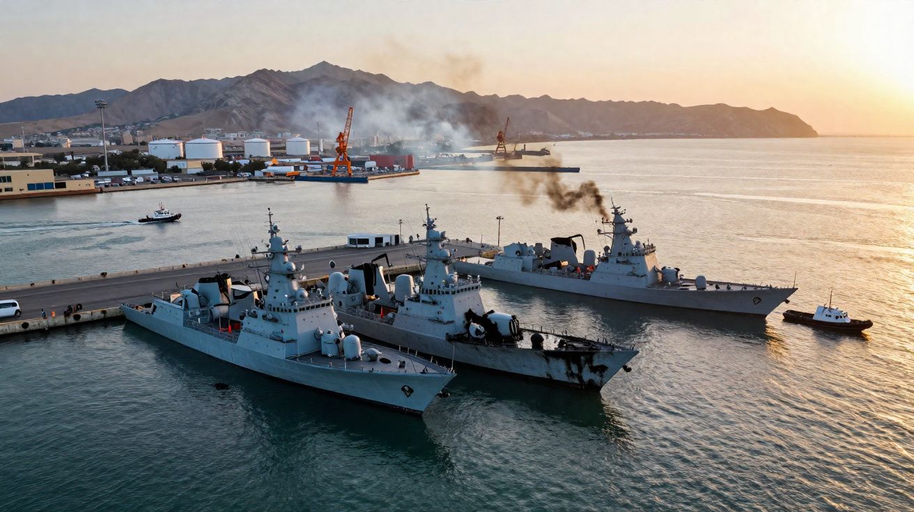 Trois navires militaires amarrés dans un port au coucher du soleil avec une montagne en arrière-plan.