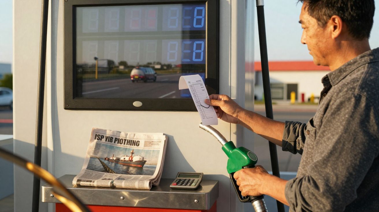 Homme tenant un reçu et une pompe à essence verte devant un distributeur de carburant avec un journal et une calculatrice.