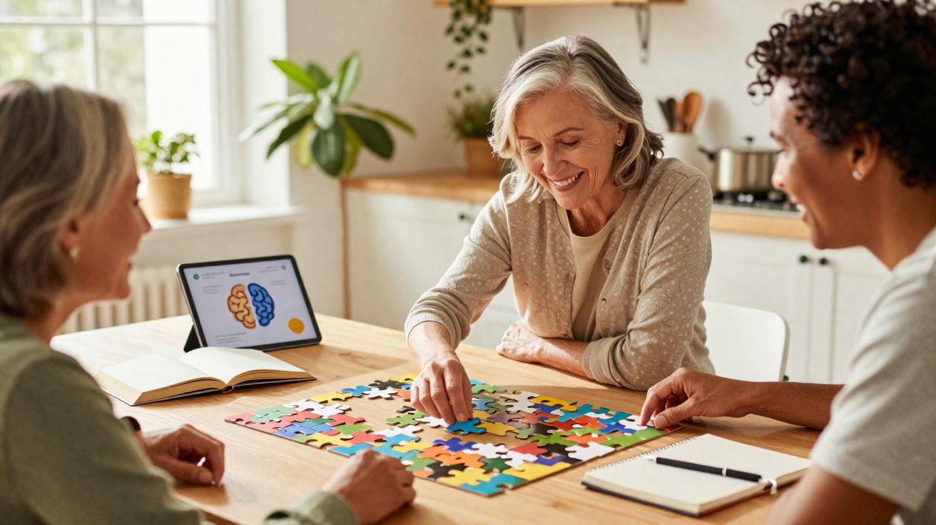 Trois femmes assemblent un puzzle coloré à table dans une pièce lumineuse avec une tablette affichant un cerveau.