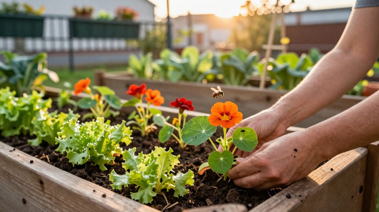 Personne plantant des fleurs orange dans un potager en bois au coucher du soleil, abeille en vol.