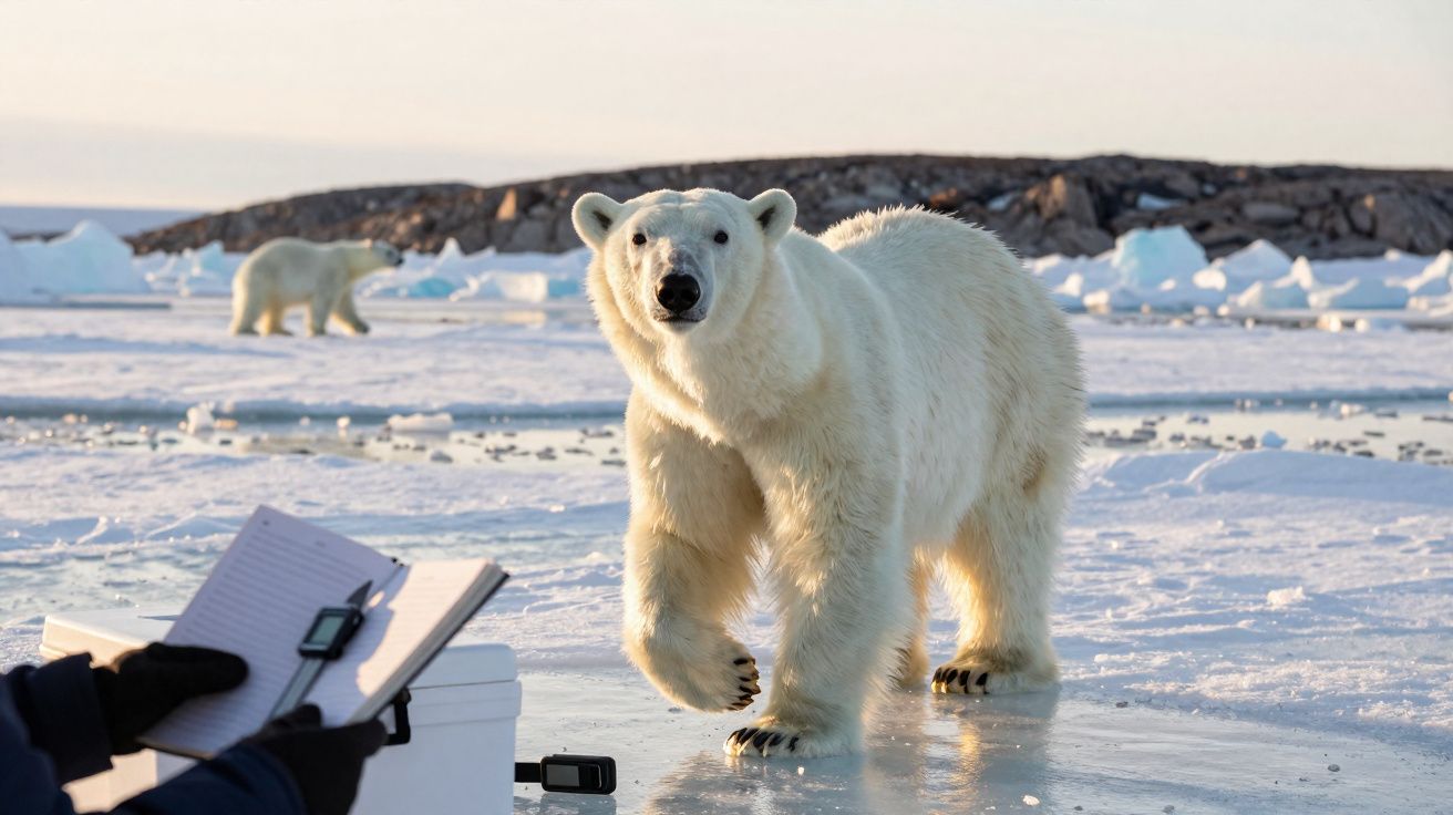 Ours polaire marchant sur la glace, un autre en arrière-plan, avec une personne prenant des notes sur la banquise.