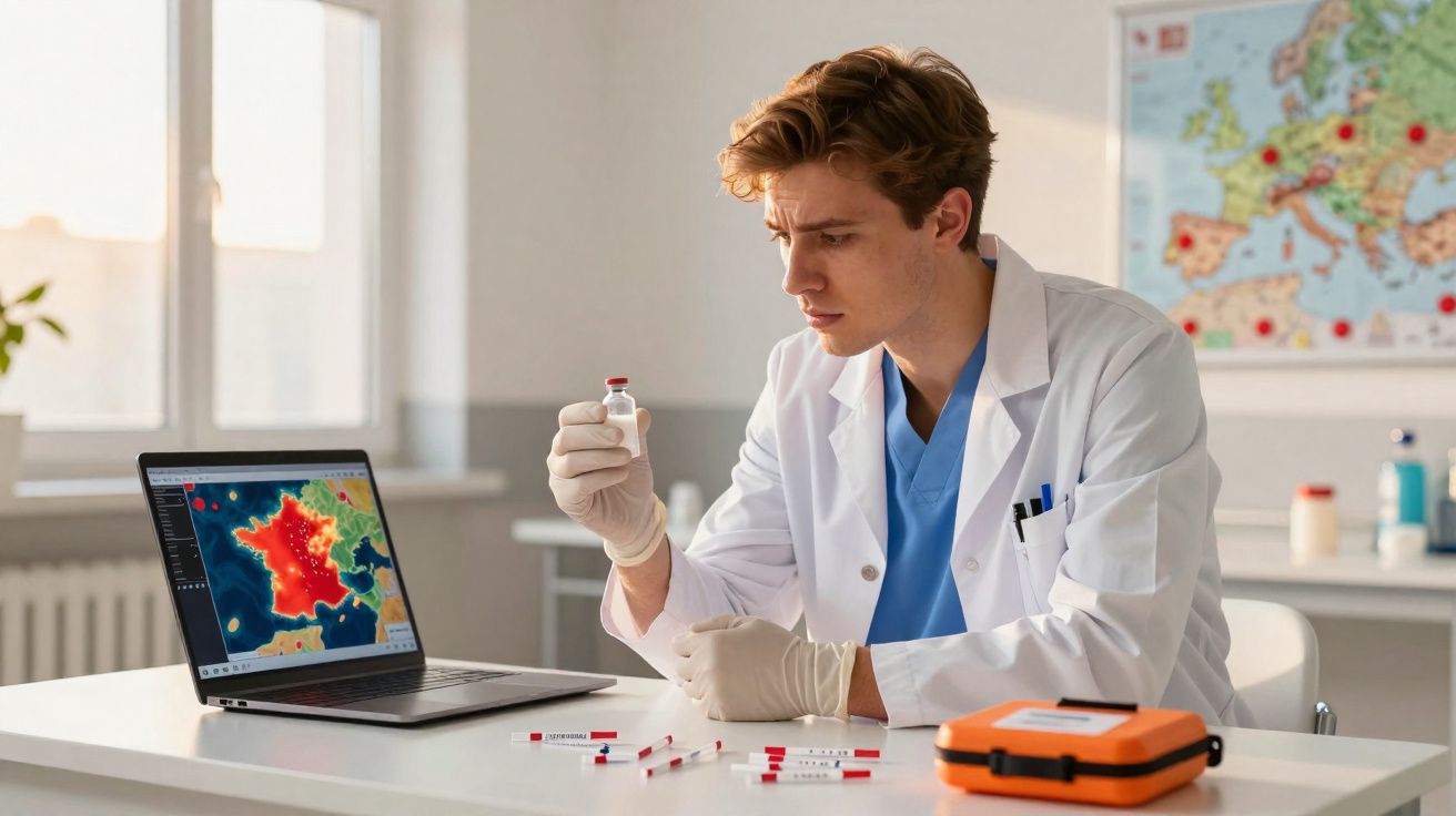 Chercheur en blouse blanche examinant un flacon, carte de France avec données épidémiques affichée sur un ordinateur portable