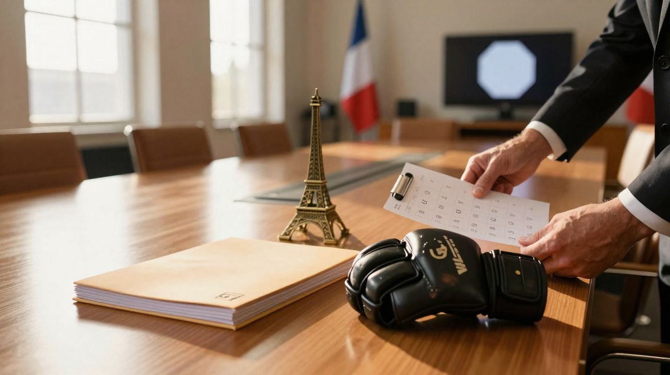 Main d'homme d'affaires posant un document sur une table avec gants de boxe, maquette Tour Eiffel et drapeau français.