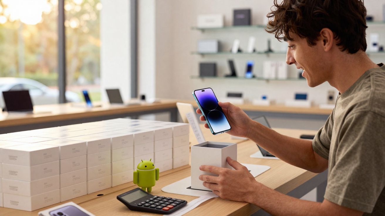 Jeune homme souriant déballant un smartphone dans un magasin moderne avec boîtes et figurine Android sur le comptoir.