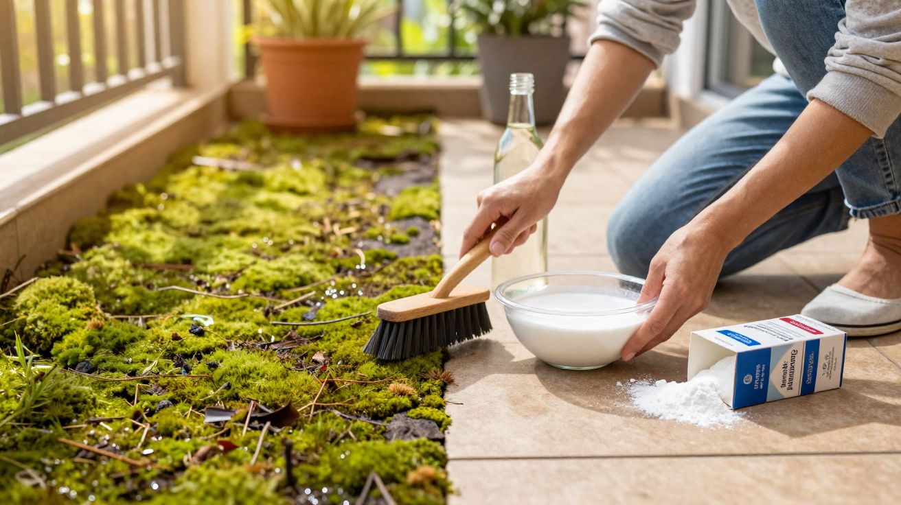 Personne nettoyant de la mousse sur une terrasse avec une brosse, bicarbonate de soude et vinaigre blanc.