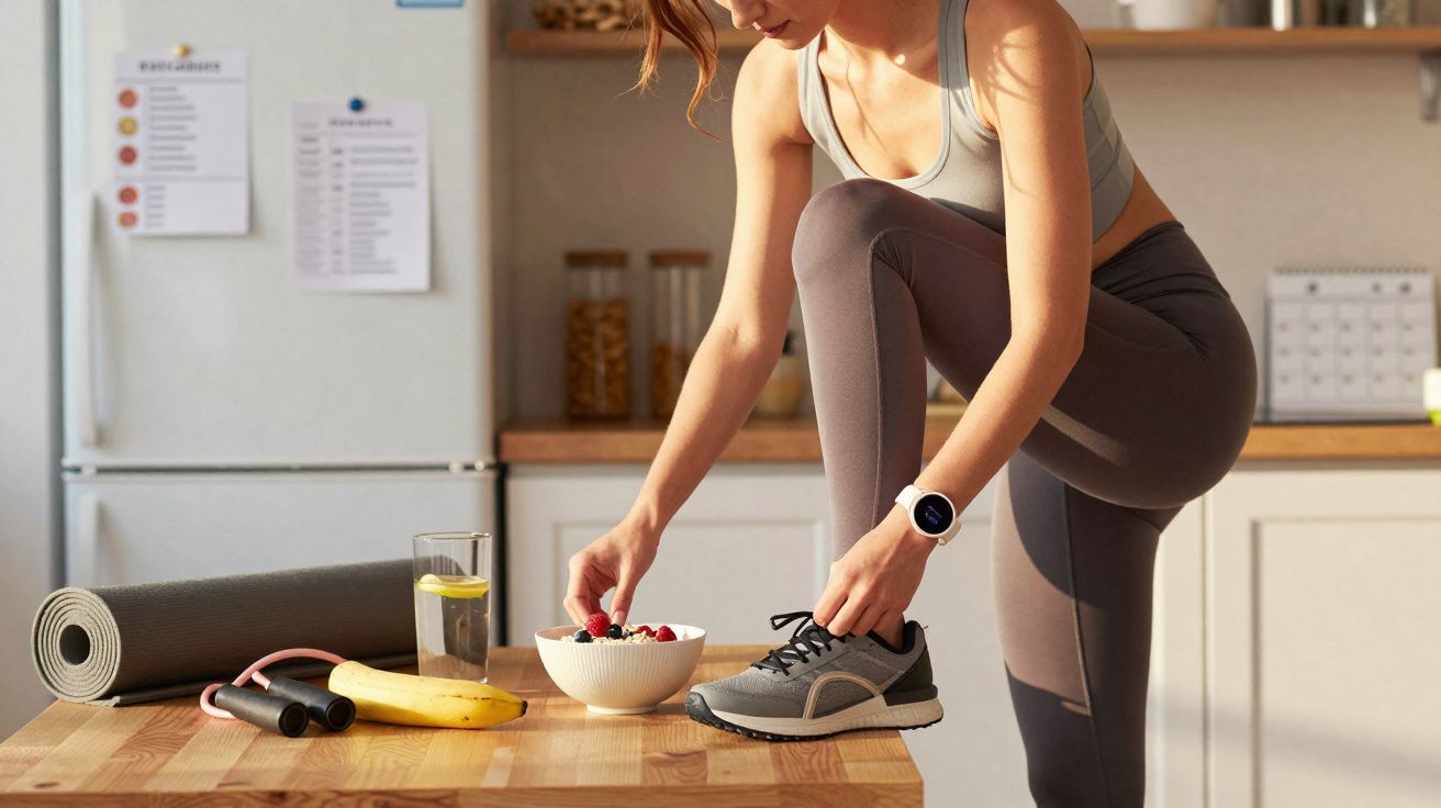 Femme en tenue de sport attachant sa chaussure sur une table avec un bol de fruits, une banane et un tapis de yoga.