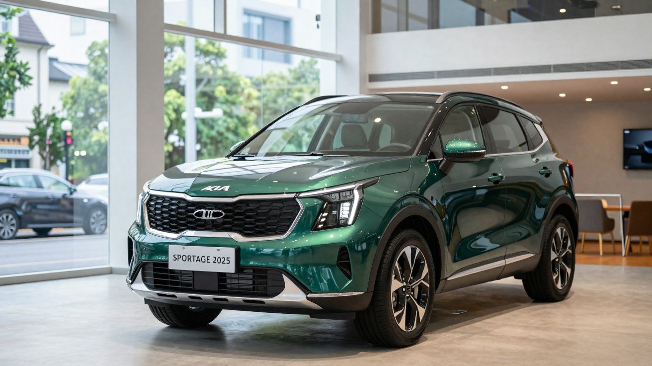 SUV Kia Sportage 2025 vert exposé dans un showroom moderne avec grandes baies vitrées.