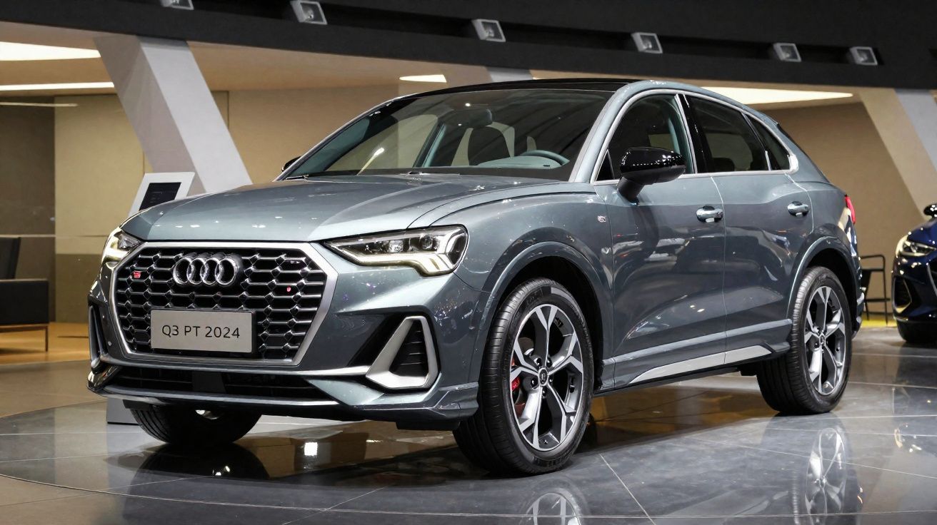 Audi Q3 PT 2024 gris métallisé exposée en showroom avec design moderne et jantes alliage sport