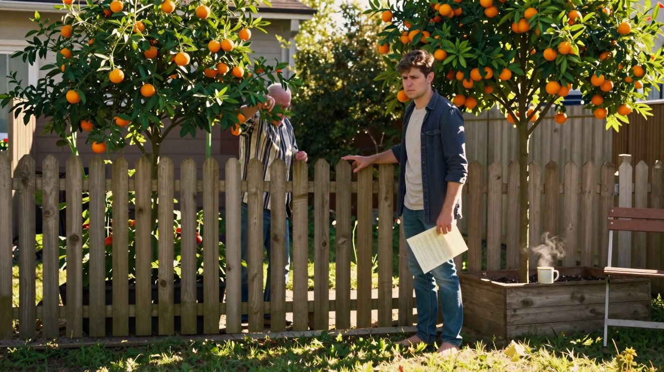 Deux hommes discutent près d'une clôture en bois dans un jardin avec des orangers chargés de fruits.