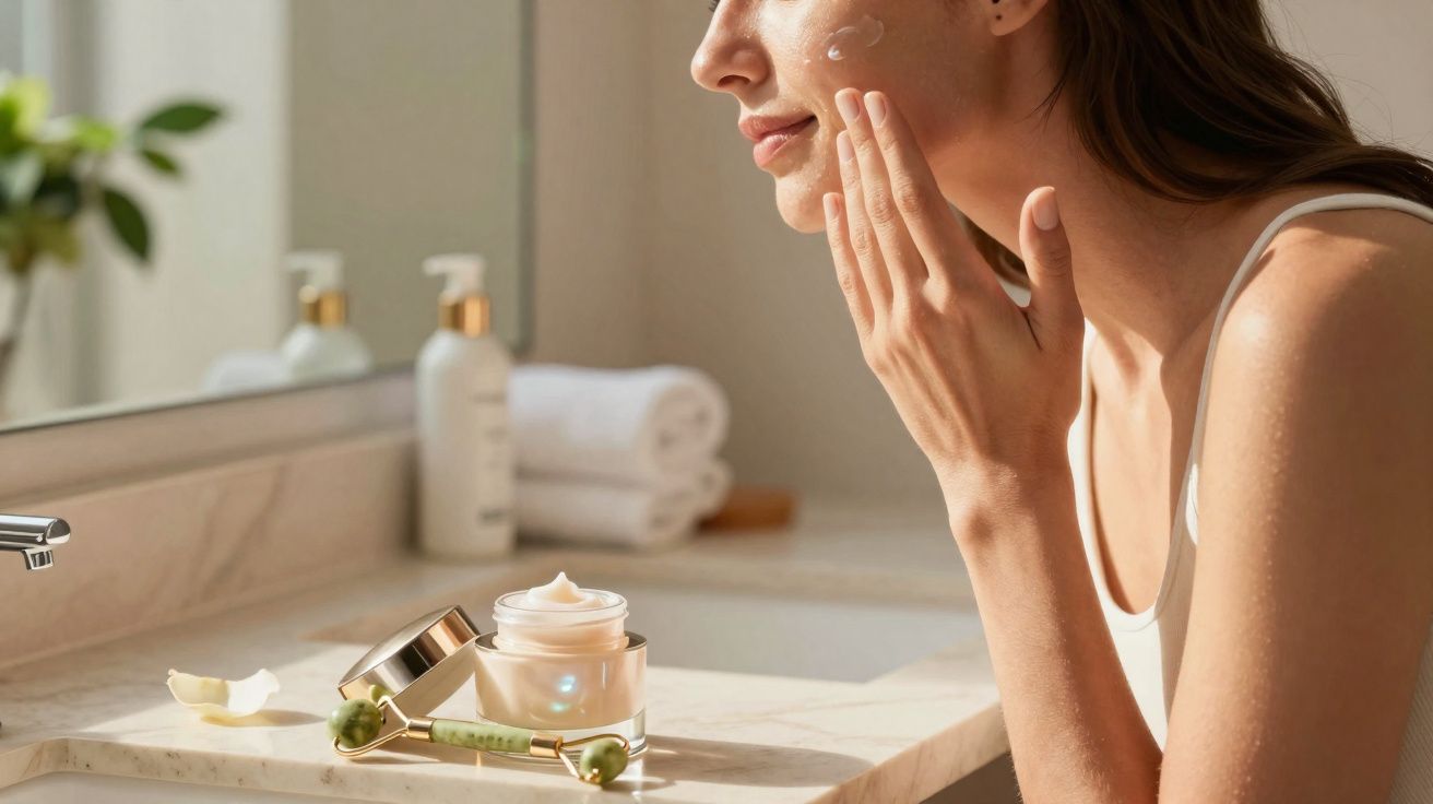 Femme appliquant une crème hydratante sur son visage dans une salle de bain lumineuse.
