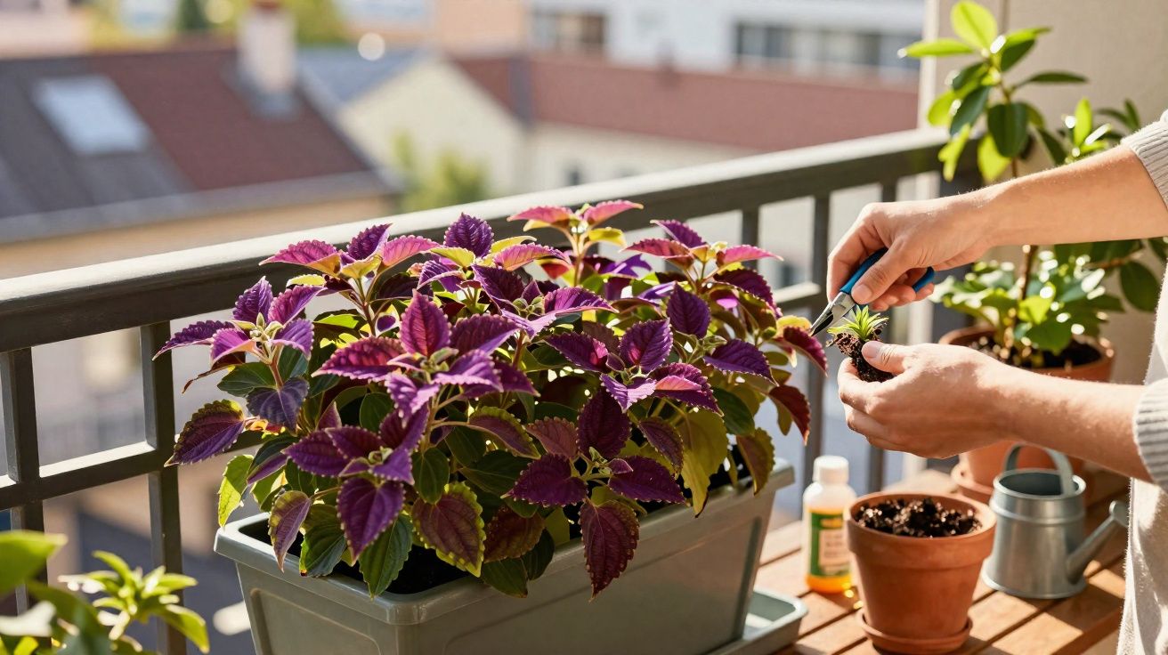 Personne taillant une plante à feuilles violettes sur un balcon ensoleillé avec outils de jardinage.