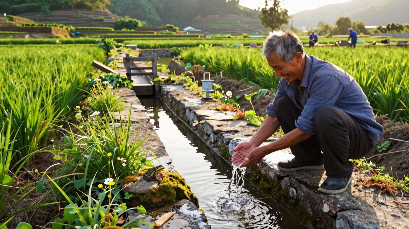 Homme âgé puisant de l'eau dans un canal entouré de rizières au coucher du soleil.