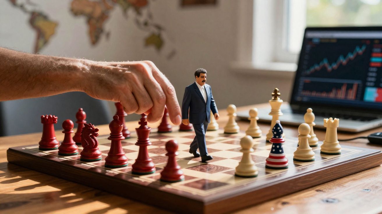 Main déplaçant un pion rouge sur un échiquier avec une figurine debout parmi les pièces, devant un ordinateur portable.