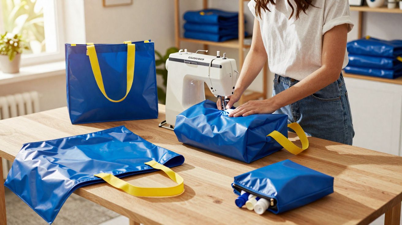 Personne cousant un sac bleu avec une machine à coudre sur une table en bois, plusieurs sacs bleus posés.