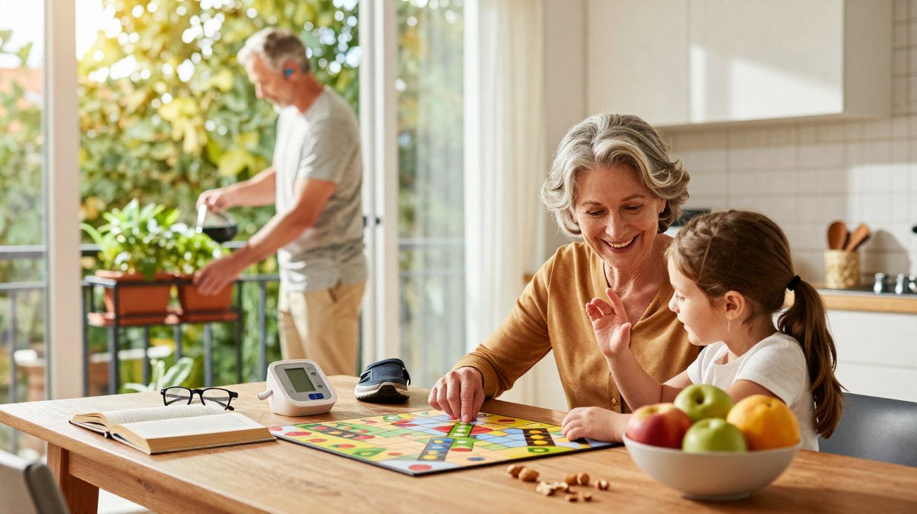Une grand-mère souriante joue à un jeu de société avec sa petite-fille dans une cuisine lumineuse.