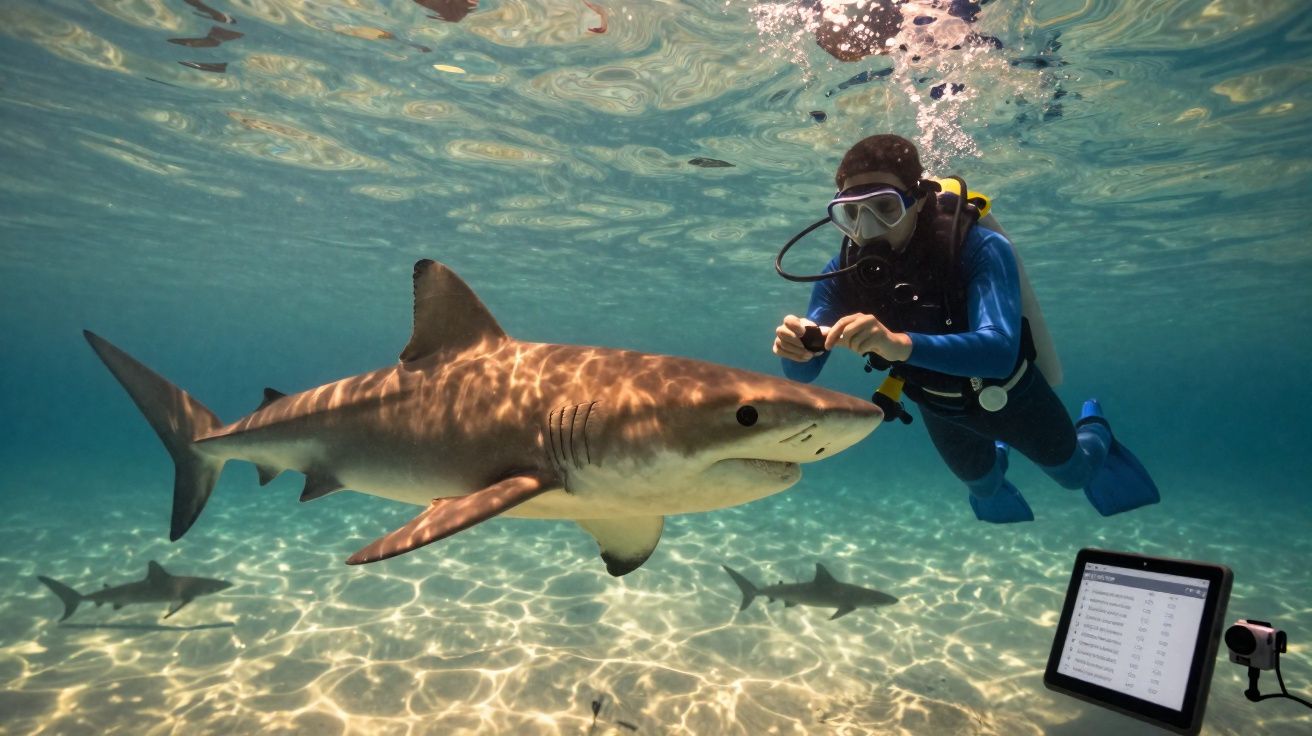 Plongeur en combinaison bleue photographiant un requin tigre sous l'eau avec d'autres requins en arrière-plan.