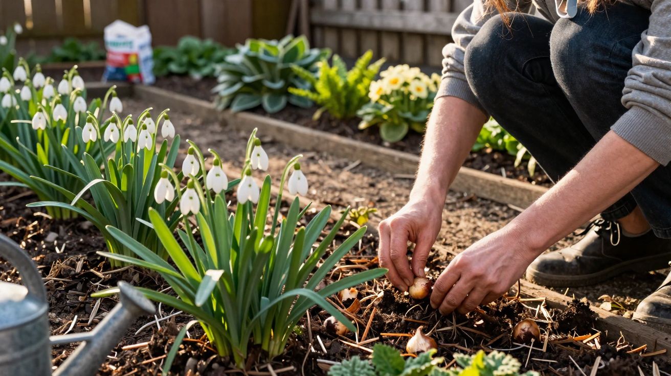 Personne plantant des bulbes de fleurs dans un potager avec des perce-neige en fleurs à côté.