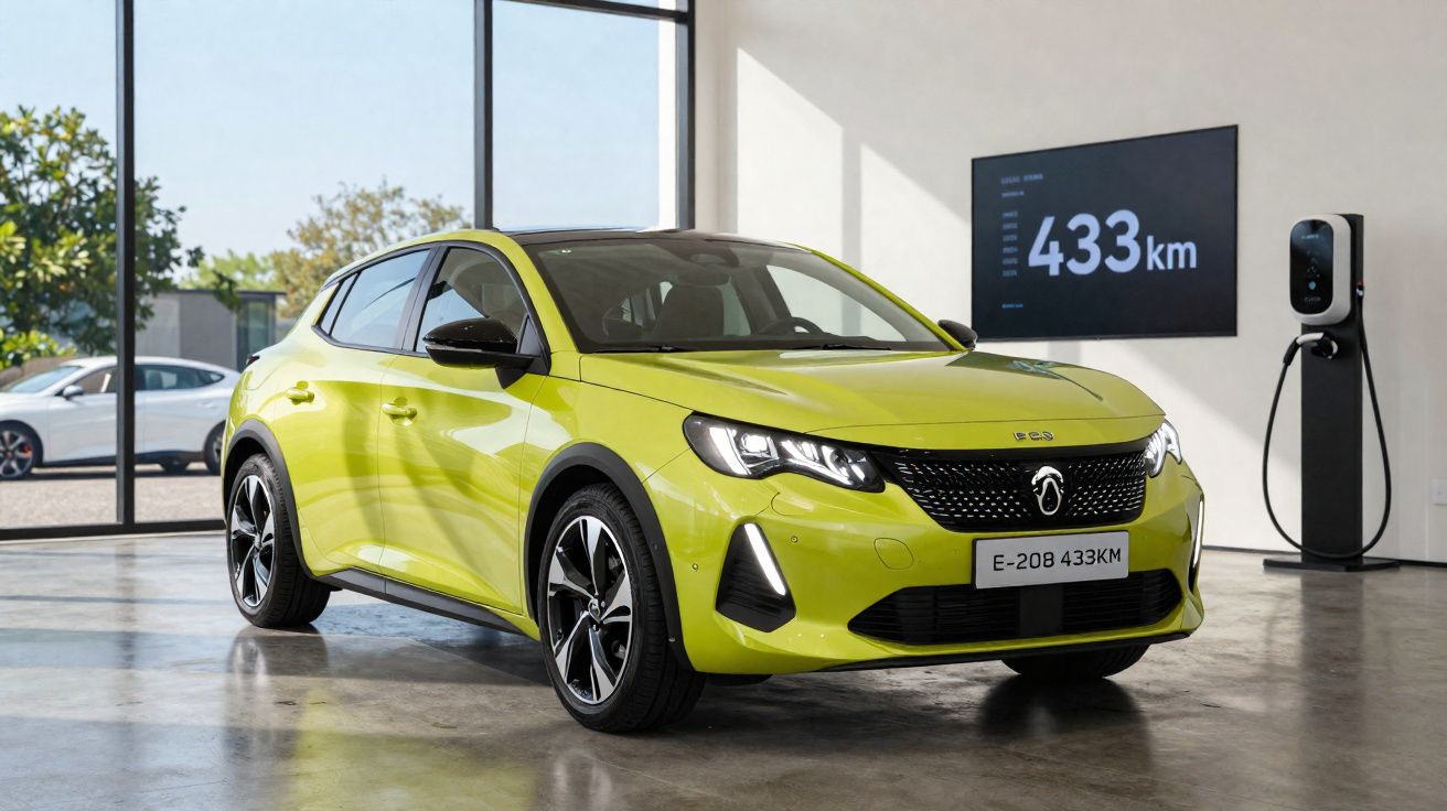 Voiture électrique compacte jaune vif exposée en intérieur avec autonomie affichée de 433 km.