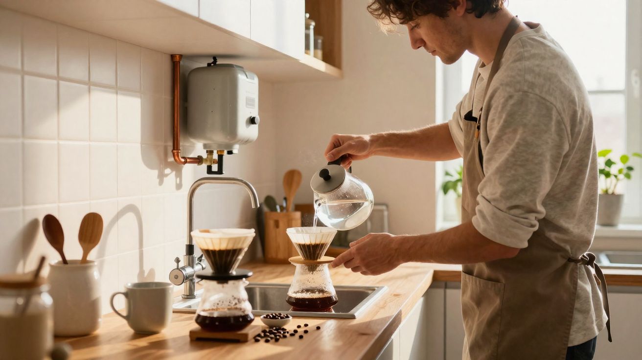 Un homme prépare du café filtre dans une cuisine lumineuse en versant de l'eau chaude.