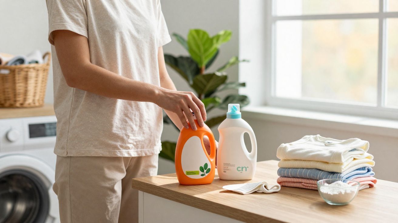 Personne tenant une bouteille de lessive près de vêtements pliés sur une table dans une buanderie lumineuse.