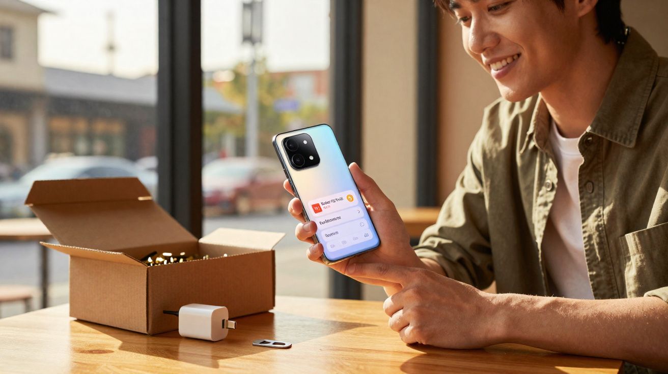 Jeune homme souriant tenant un smartphone avec boîte et chargeur sur table en bois près d'une fenêtre.
