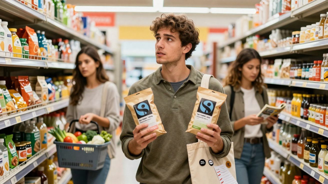 Homme choisissant entre deux paquets de café équitable dans une allée de supermarché, deux femmes font leurs courses en arriè